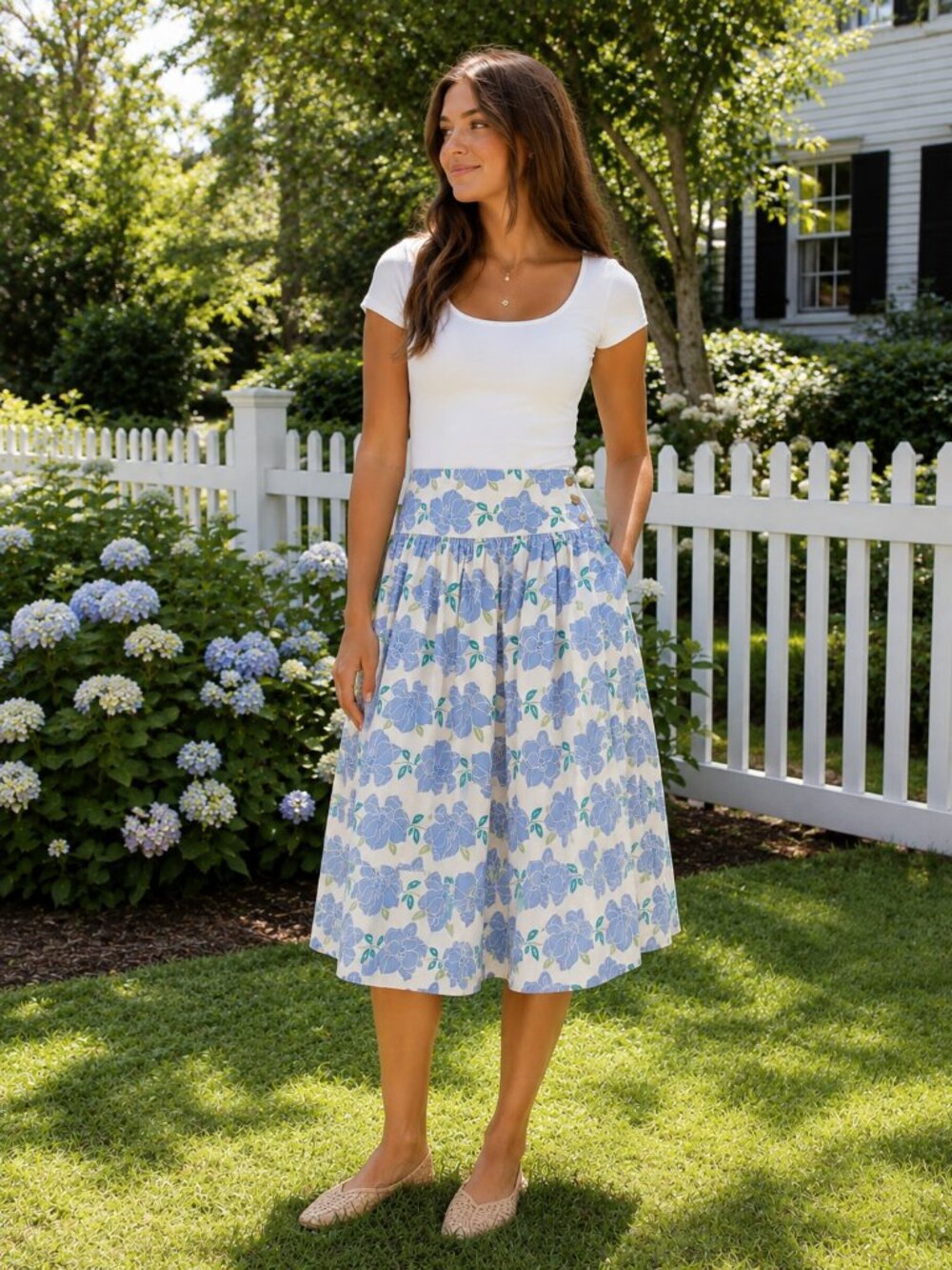 Draper James Blue Floral Midi Skirt Size S Pockets EUC